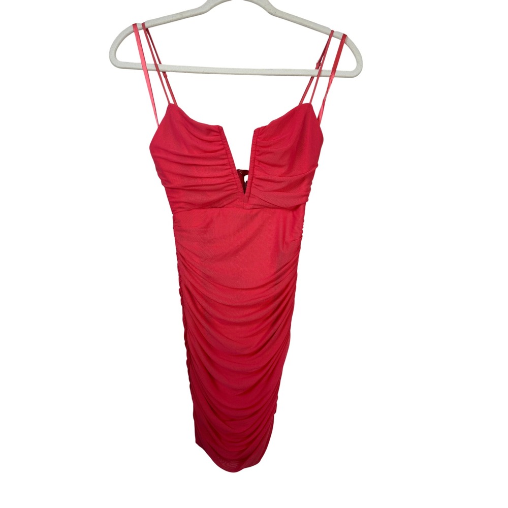 Hello Molly Coral Pink Ruched Mesh V Neck Bodycon Mini Dress Womens US 4 - Picture 2 of 6